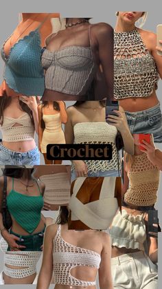 several different pictures of women in crochet clothing and hats, with the words crochet on them