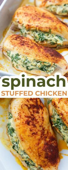 spinach stuffed chicken on a white plate with the words spinach stuffed chicken over it