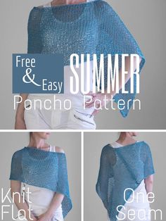 a woman wearing a blue knitted shawl with text that reads free and easy summer pancho pattern