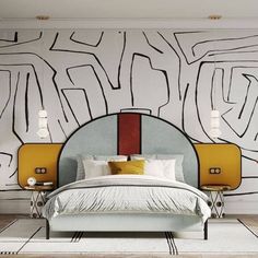 a modern bedroom with an abstract design on the wall and bed in the foreground