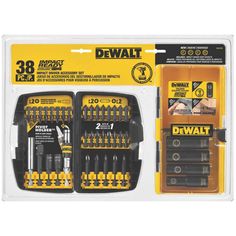 The Dewalt DW2169 is a 38-piece impact driver set. It comes with high-quality bits and can be used for different kinds of tools. Here at PlumbersStock, customer satisfaction is our greatest goal. We strive to obtain the best quality. products available and offers them at competitive prices. PlumbersStock carries a wide range of products for bathrooms, kitchens, gardening, waterworks, and much more! Driver Accessories, Dewalt Tools, Hand Tool Sets, Industrial Design Sketch, Magnetic Holder, Screwdriver Bits, Impact Driver, Socket Set, Power Tool Accessories