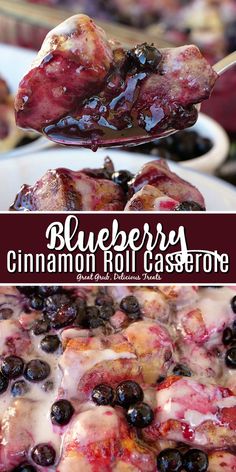 blueberry cinnamon roll casserole is shown on a spoon