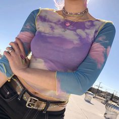 You’re sexy and you know it – get this sexy pastel color block tie dye mesh top to show the whole world how beautifully in-shape you are! || Free Shipping~! Blue Sky Clouds, Top Bra, Mesh Crop Top, Plaid Shirts, Mesh T Shirt, Style Streetwear, Summer Tshirts, Aesthetic Fashion, Fashion Tops