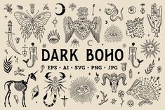 the dark boho font is surrounded by different types of animals and plants, including an eye