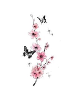 some pink flowers and butterflies flying around