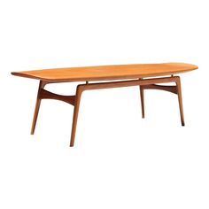 an oval wooden table with two legs and a long, narrow top on white background