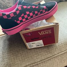 These Are Brand New In Box Pink/ Black Checker Sneaker Pink Round Toe Sneakers For Skateboarding, Pink Sneakers For Skateboarding, Pink Vans Slip-on Sneakers, Trendy Pink Skate Shoes For Skateboarding, Pink Slip-on Vans Sneakers, Pink Vans Skateboarding Sneakers, Pink Vans Sneakers For Skateboarding, Pink Low-top Skate Shoes For School, Pink Slip-on Sneakers For School