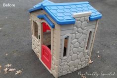 a plastic toy house with a blue roof and red door on the outside, before and after it was painted