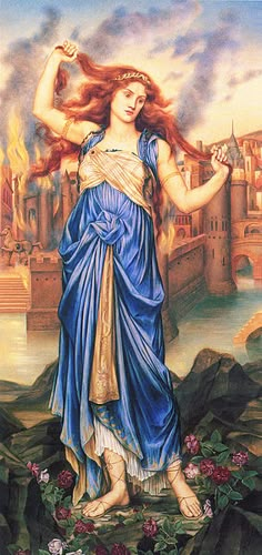 a painting of a woman with red hair and blue dress standing in front of a castle