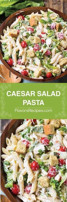 two pictures of pasta salad with tomatoes, lettuce and parmesan cheese