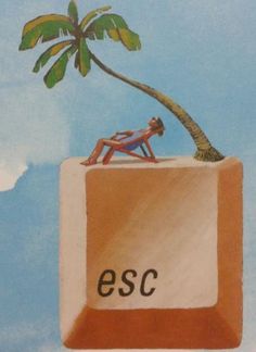 a drawing of a man sitting on top of a box with a tree growing out of it