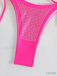 Lasaky - Exquisite Rhinestone-Sequined Tie Side 2-Piece Bikini Set: Glamorous and Stretchy Halter Swimsuit for Beach and Pool, Ideal for Fashion-Conscious Women - Swimwear & Clothing Collection Pink Swimwear For Pool With Bra-friendly Design, Luxury Rhinestone Beach Swimwear, Pink Halter Neck Swimwear With Built-in Bra, Luxury Rhinestone-embellished Swimwear For Summer, Pink Moisture-wicking Swimwear For Poolside, Swimsuits Halter, Swimwear Outfit, Womens Swimwear, Clothes