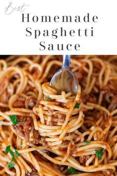 homemade spaghetti sauce on a fork with the title above it