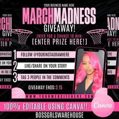 a flyer for a women's basketball game with pink hair and black clothes on it