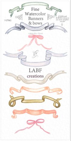 some ribbons and bows are drawn in watercolor on white paper with the words larf creations