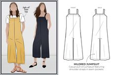 a woman's jumpsuit sewing pattern with the front and back views