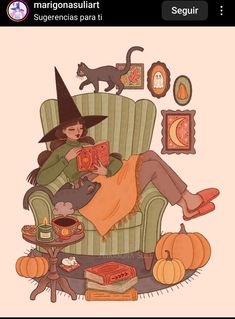 a woman sitting in a green chair with a cat on her lap next to pumpkins