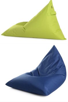 two different types of bean bag chairs, one in blue and the other in green