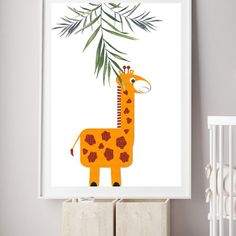 a giraffe is hanging on the wall next to a white crib with a plant in it