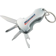 a swiss army knife shaped keychain with an orange and white logo on it