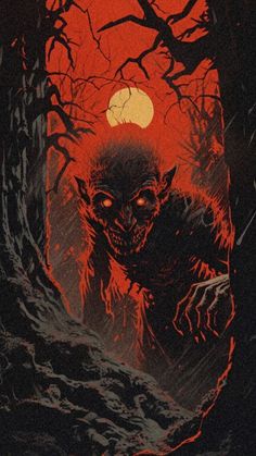 an illustration of a creepy creature in the woods at night with red light coming from its eyes