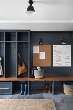 an image of a closet with shoes on the shelves and a notepad attached to it