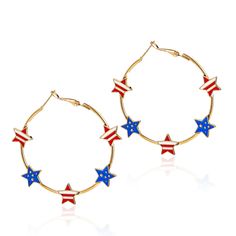 two pairs of hoop earrings with stars on the bottom and one has an american flag design