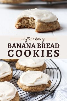 banana bread cookies with white frosting on a cooling rack and in the foreground