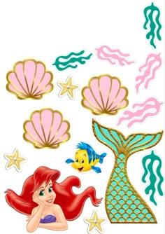 the little mermaid stickers are on display in front of an image of fish, starfish