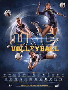 the poster shows two girls playing soccer in front of a blue background with words that read, once volleyball