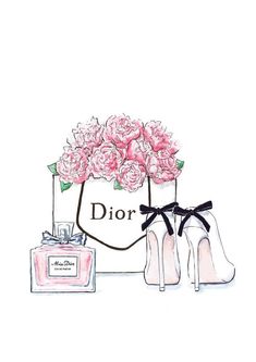 a drawing of shoes and perfume bottle with flowers in the bag next to it, which says dior