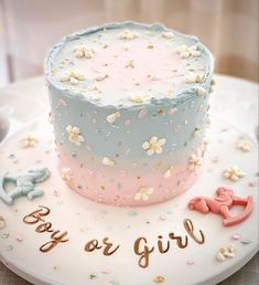 a baby shower cake with pink, blue and white frosting on a plate that says boy or girl