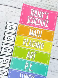 colorful stickers with the words today's schedule and math reading art on them