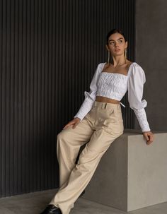 Pants are made from a summer suit fabric. High-waisted, side pockets, there are belt loops.Product parameters:The length of the product: 44,5in/113 cmPants width: 9,5in/24 cmModel's height: 174 cm, she is wearing size S.Season: Spring/SummerComposition: 83% Cotton 15% Linen 2% ElastanCare: Machine wash: 40° C. Spin: 600-800 rpm. Do not use the tumble dryer. Do not use chlorine bleach and stain removers. Ironing of the product: high temperature, from the inside.Size Guide, inches:XS: bust - 32-33 Casual Wide-leg Pants With Belted Cuffs, Fitted Trousers With Belt Loops, Beige Trousers For Summer Work, Beige Summer Work Trousers, Belted Bottoms For Business Casual Summer, Chic Fitted Cotton Chinos, Belted Straight Pants For Spring, Spring Straight Pants With Belted Detail, Chic Relaxed Fit Cargo Pants For Work