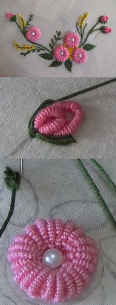 two pictures showing how to make a crochet flower brooch with yarn and beads