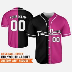 a baseball jersey that is pink and black with the name team name 00 on it