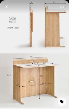 an image of a wooden desk with drawers and measurements on the front, side and back views