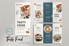 three fold brochure design for tasty food with images and text on it