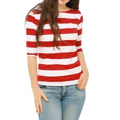 A good choice for your wardrobe, striped will always be on trend. Whether you're in the office or out on the town, this bold stripes T-shirt is perfect for any occasion. Easy to dress up or down with soft material. Pair this straightforward tee with any bottoms to create casual outfits. Size: medium. Color: red. Gender: female. Age Group: adult. Material: Polyester. Prom Costume, Boat Neck Tops, Elbow Sleeve, Chic Woman, Striped Tee, Boat Neck, Casual T Shirts, Striped Shirt, T Shirt Top