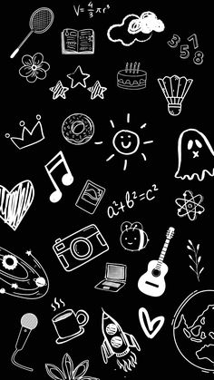 black and white drawing of various objects on a black background, including a guitar, books, headphones, music notes, etc