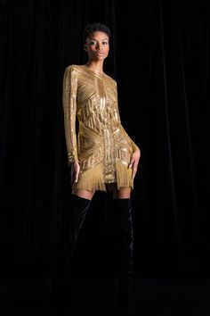 Beaded Fringe Long Sleeve Cocktail Dress Style: PF23-037D Fabrication: Net Lining: 1 Layer of Double Georgette Spot clean only Cocktail Dress Style, Long Sleeve Cocktail Dress, Naeem Khan, Beaded Fringe, British Indian, Cocktail Dress, Long Sleeve, Fabric