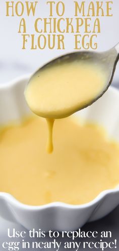 Chickpea flour and water mixed together and dripping off of a spoon into a small white bowl. Chickpea Flour Recipes, Vegan Staples, Meatless Meal, Homemade Pantry, Vegan Pumpkin Pie