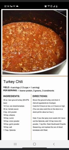 the recipe for turkey chili is shown in this brochure, with instructions to make it