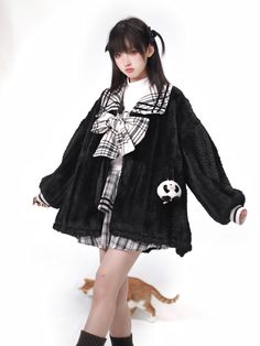 The price is for a coat and a detachable panda toy only, others are not included.  Garment Size   	 		 			Size 			S 			M 			L 		 		 			Shoulders 			64 			65.5 			67 		 		 			Full Length 			72 			74.5 			77 		 		 			Bust 			136 			140 			144 		 		 			Sleeve Length 			46 			47.5 			49 Cute Black Winter Outerwear, Cute Black Outerwear For Winter, Harajuku Style Winter Outerwear For School, Harajuku Style Winter School Outerwear, Harajuku Style Outerwear For School In Fall, Black Faux Fur Coat, Black Faux Fur, Faux Fur Coat, Contrast Trim