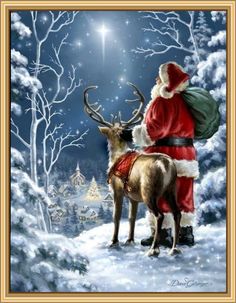 a painting of santa claus and reindeer in the snow