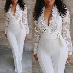 White Jumpsuits, White Lace Jumpsuit, White Long Sleeve Bodysuit, Long Overalls, Slim Jumpsuit, Long Pant Jumpsuit, Spring Work Outfits, Jumpsuit Elegant, Lace Jumpsuit