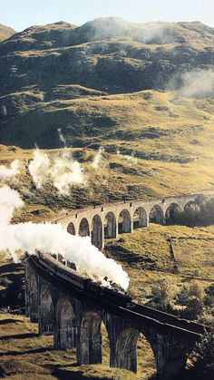 a train traveling over a bridge with steam pouring out of it