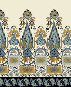 an intricately designed wallpaper with blue, yellow and brown designs on it's sides