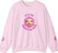 Cute Pink Sweatshirt With Slogan, Cute Crew Neck Sweatshirt For School, Preppy Graphic Print Crew Neck Top, Preppy Crew Neck Top With Graphic Print, Cute Pink Sweatshirt For School, Preppy Crew Neck Sweater For Spring, Pink Graphic Print Sweatshirt For School, Spring Graphic Print School Sweatshirt, Trendy Crew Neck Sweatshirt For School