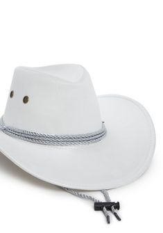 giddy up! This cowboy hat has braided trim details, a wide upturned brim, and adjustable straps beneath the chin. White Western Hat, White Brimmed Rodeo Costume Hat, Cowgirl Hats Western White, White Western-themed Costume Hat, White Felt Cowboy Hat, Desert Nomad, Festival Shop, Rave Festival, Rave Wear